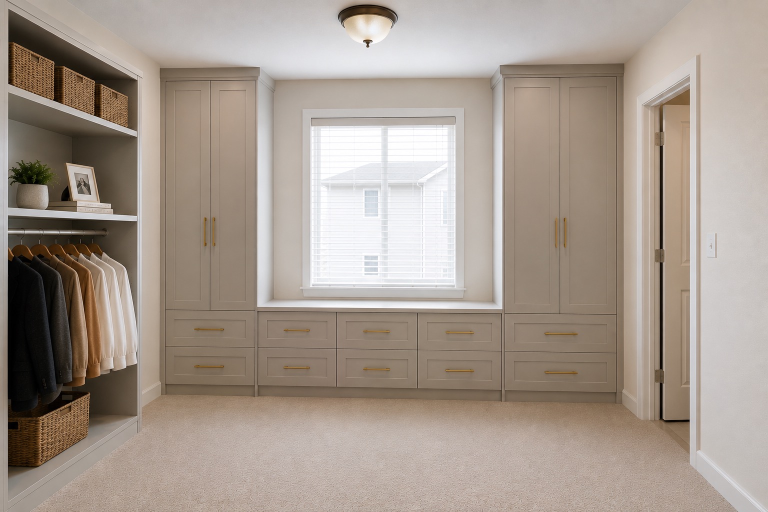 After view of Edmonton closet with custom built-in drawers, tall cabinets, and hanging storage