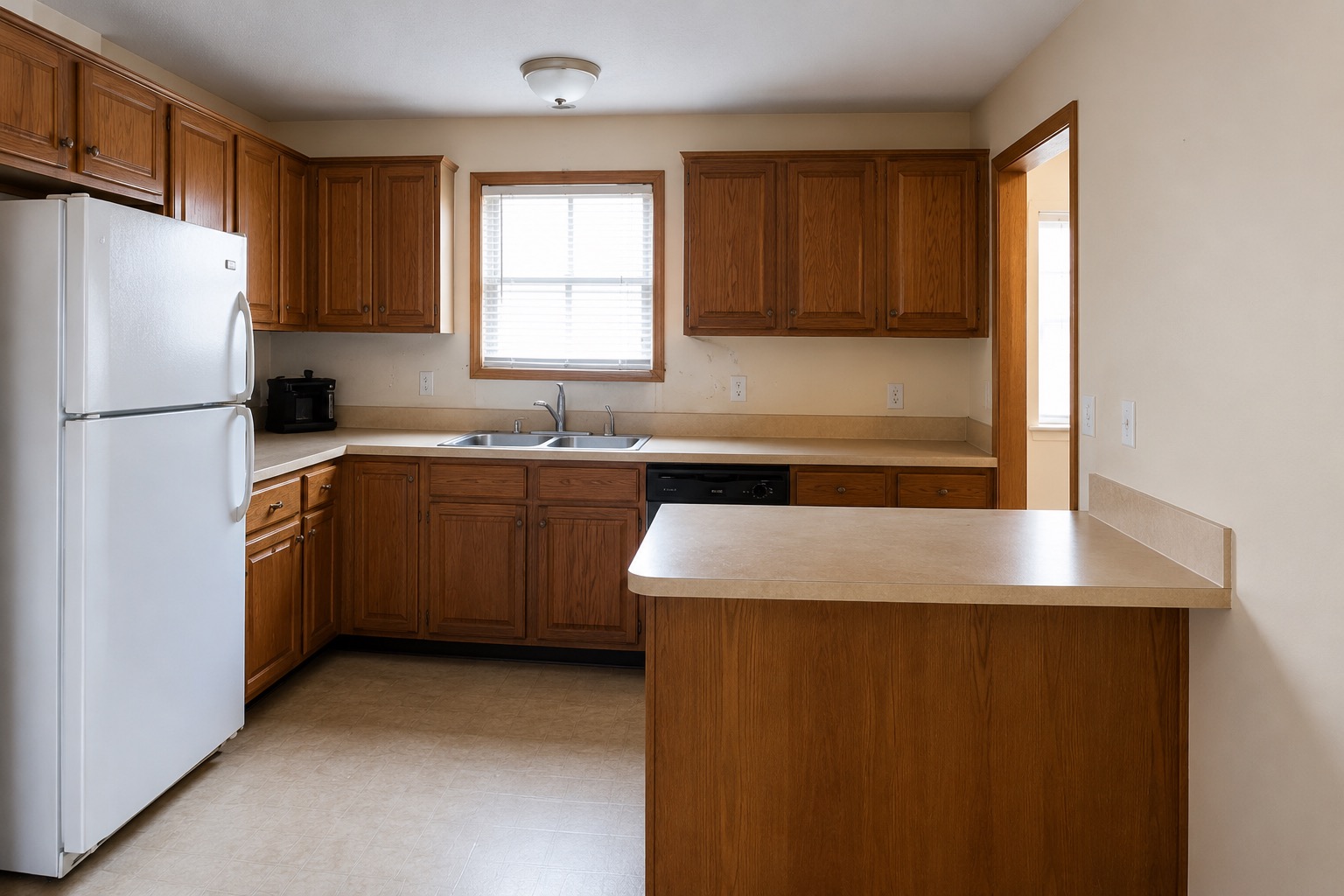 Before view of an older Edmonton kitchen before custom cabinet renovation