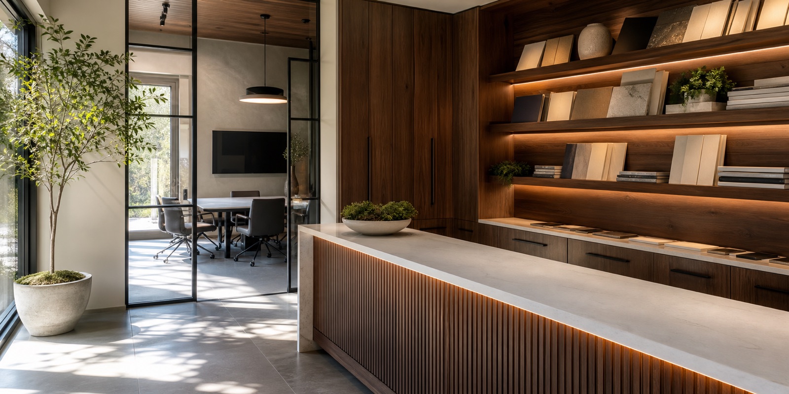 Custom walnut commercial millwork with an illuminated reception counter