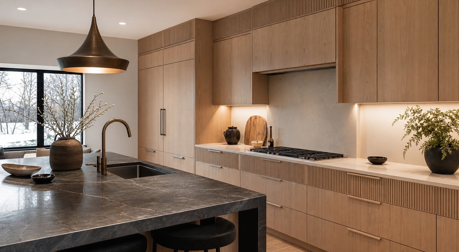 Custom white oak kitchen with fluted cabinetry and a stone island