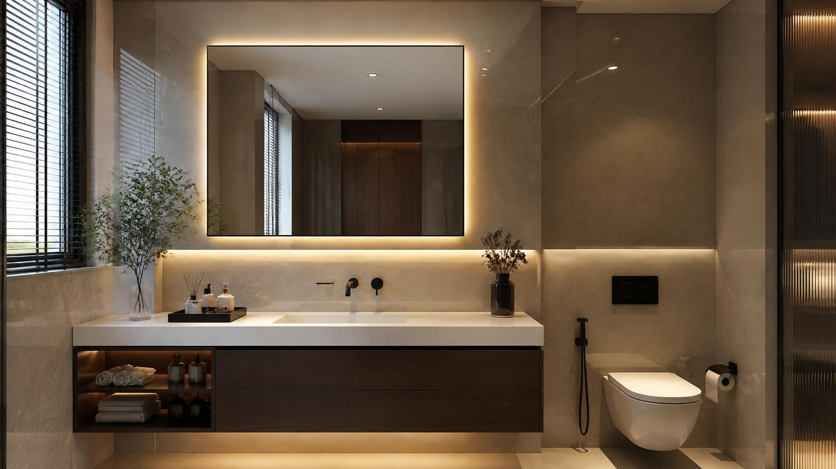 Floating custom bathroom vanity with warm LED lighting