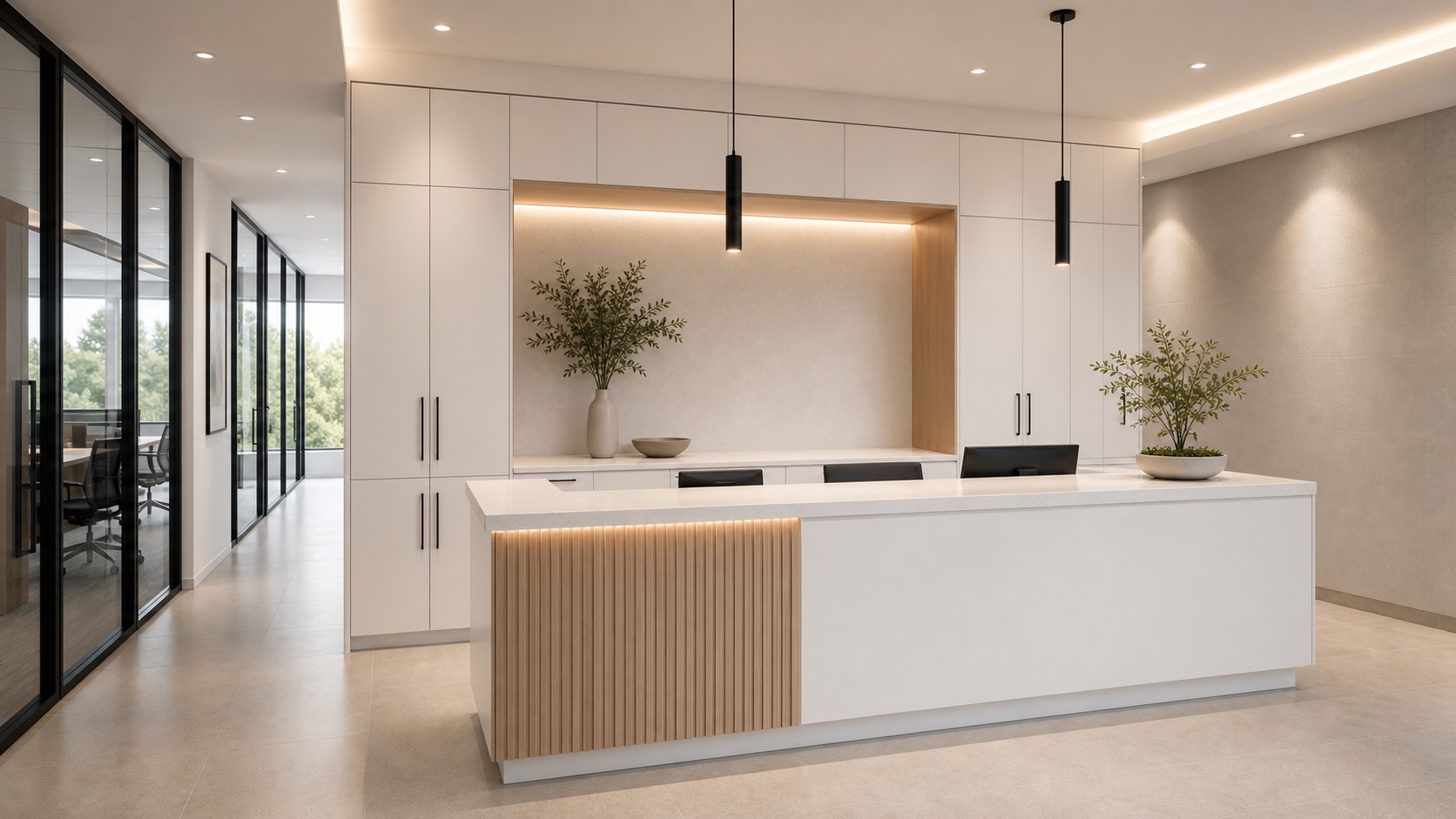 Commercial reception area with white custom cabinetry and light oak accents