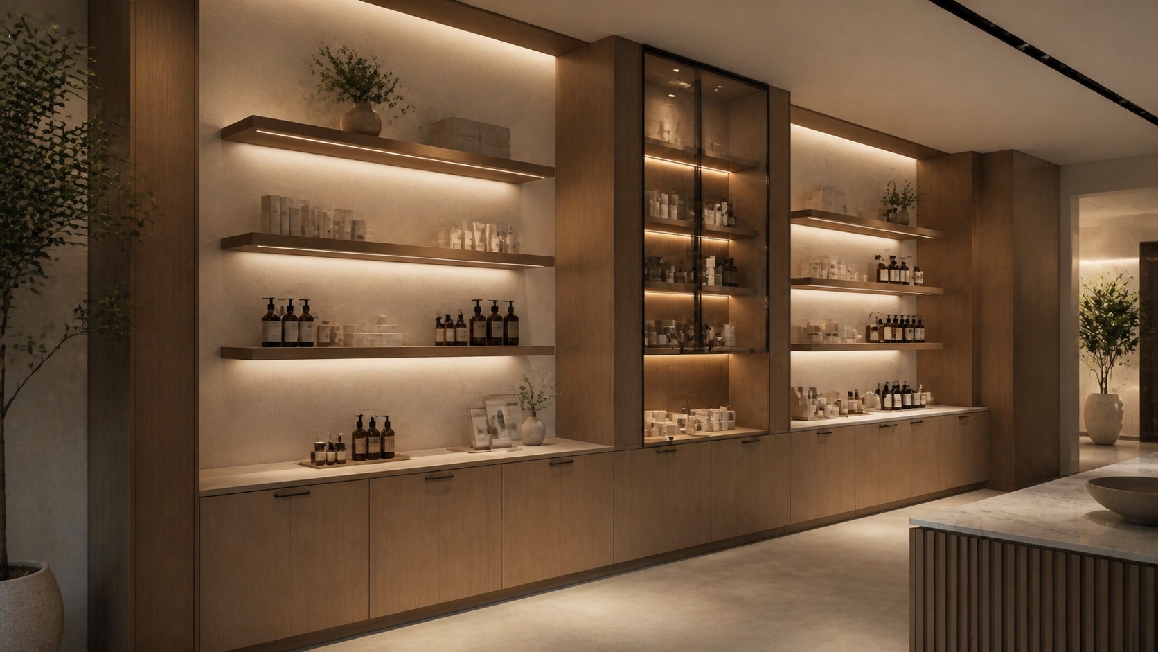 Boutique retail display wall with custom cabinetry and warm LED lighting