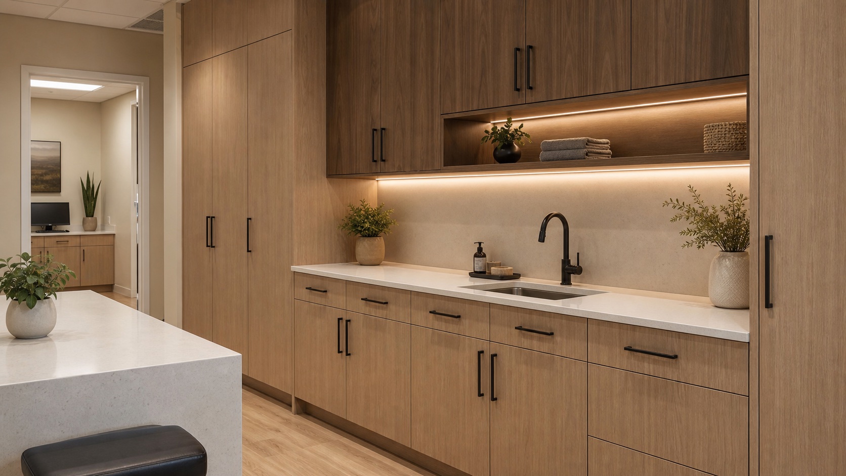 Commercial staff room with custom storage cabinetry and quartz counter