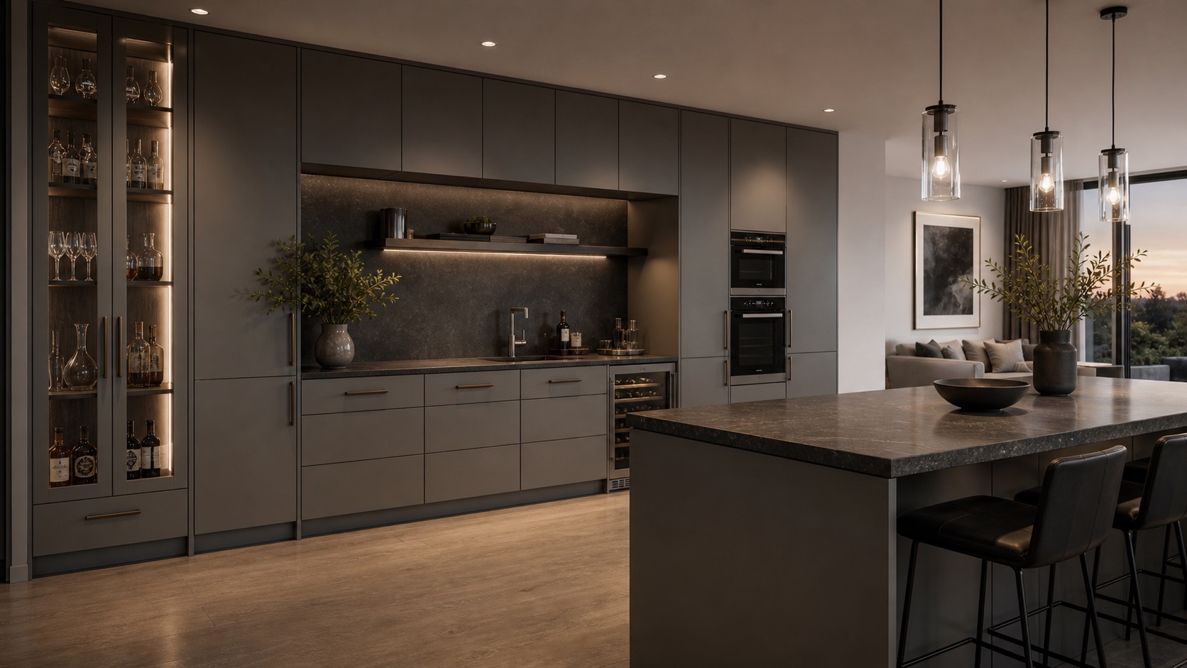 Modern grey custom cabinetry with dark quartz counters and display storage