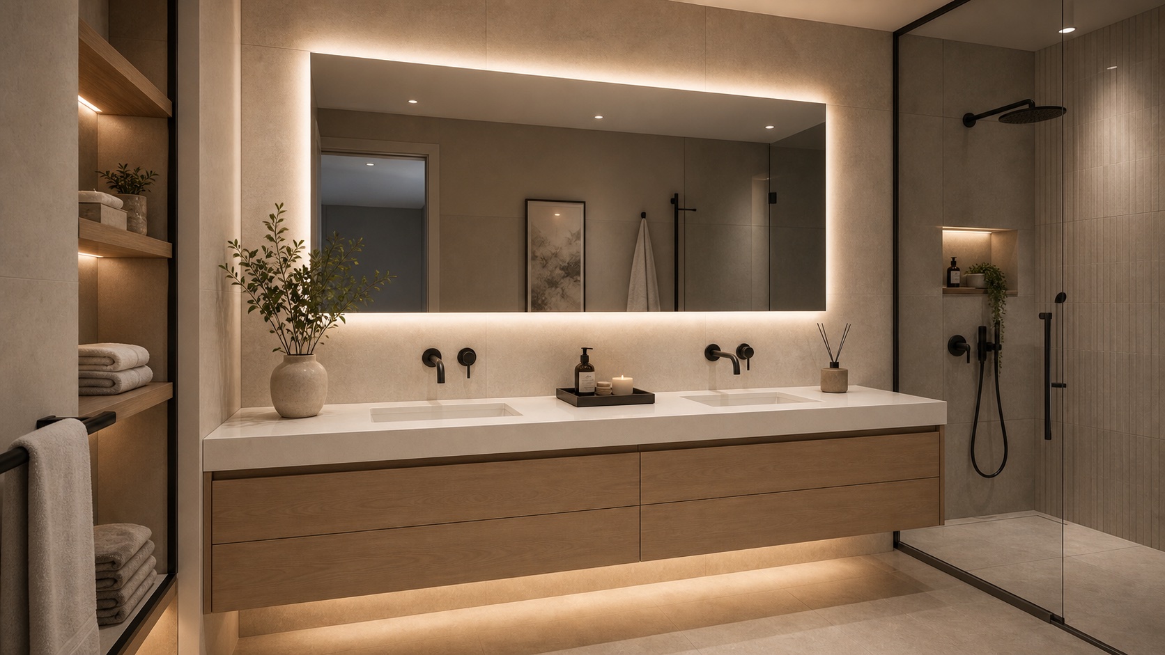 Modern bathroom with floating vanity and backlit mirror