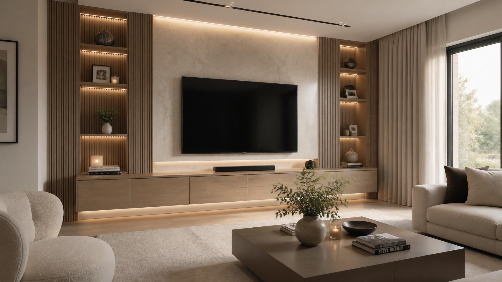 Modern living room TV wall unit with floating oak cabinets and LED lighting