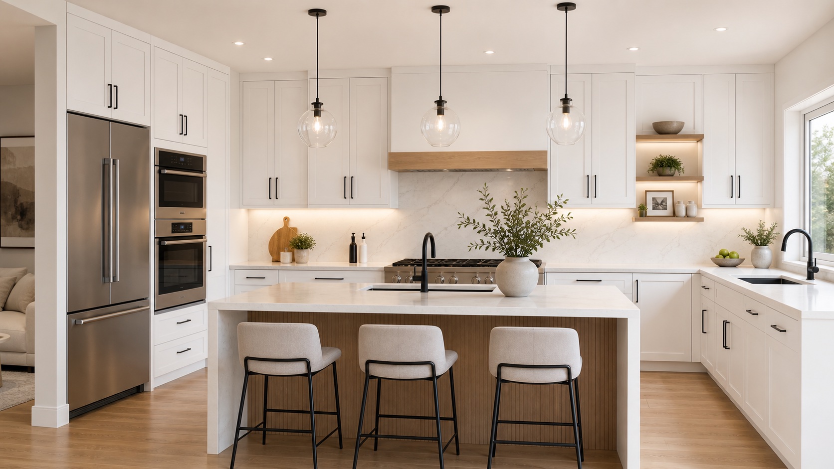 Bright modern white kitchen with quartz countertops and natural light
