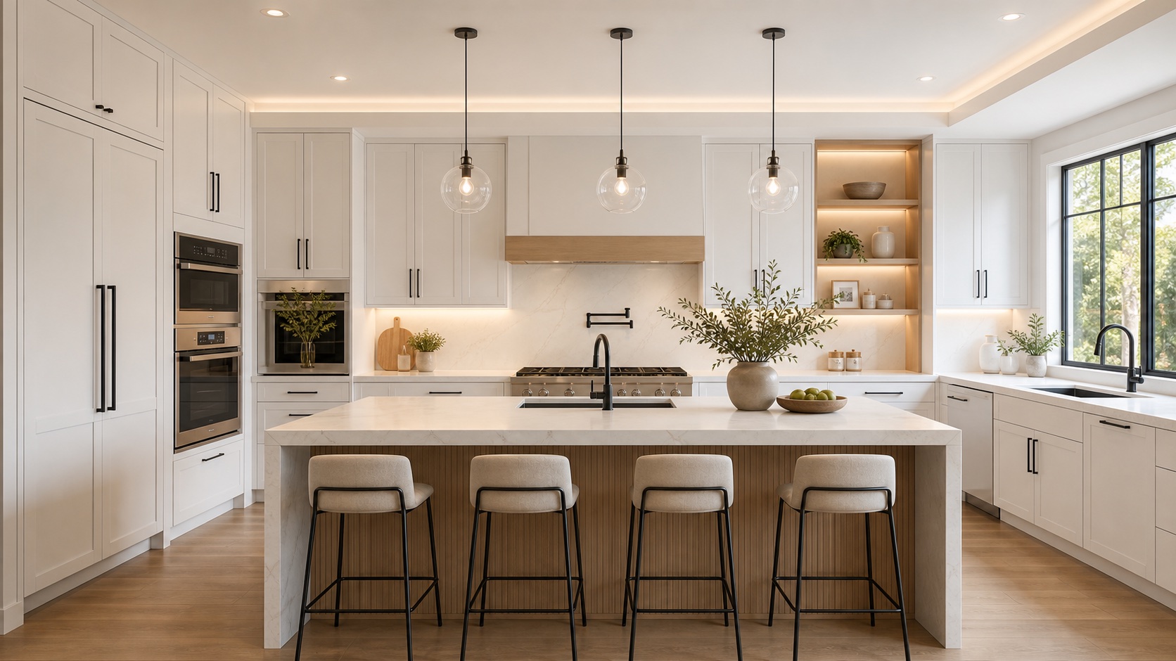 Bright white custom kitchen cabinetry with quartz island